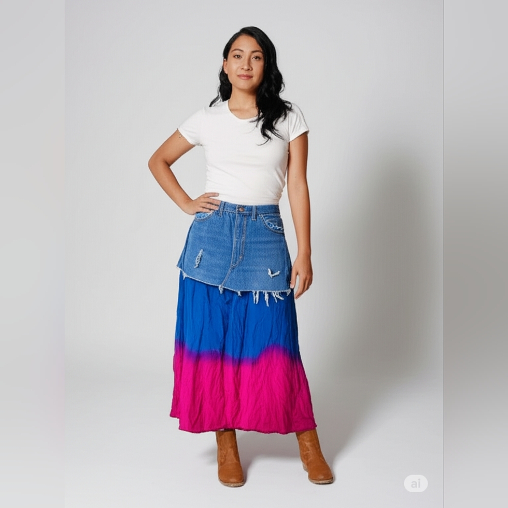 Upcycled Midi Skirt Pink and Blue Hombre  With Distressed Denim Blue Jean Skirt